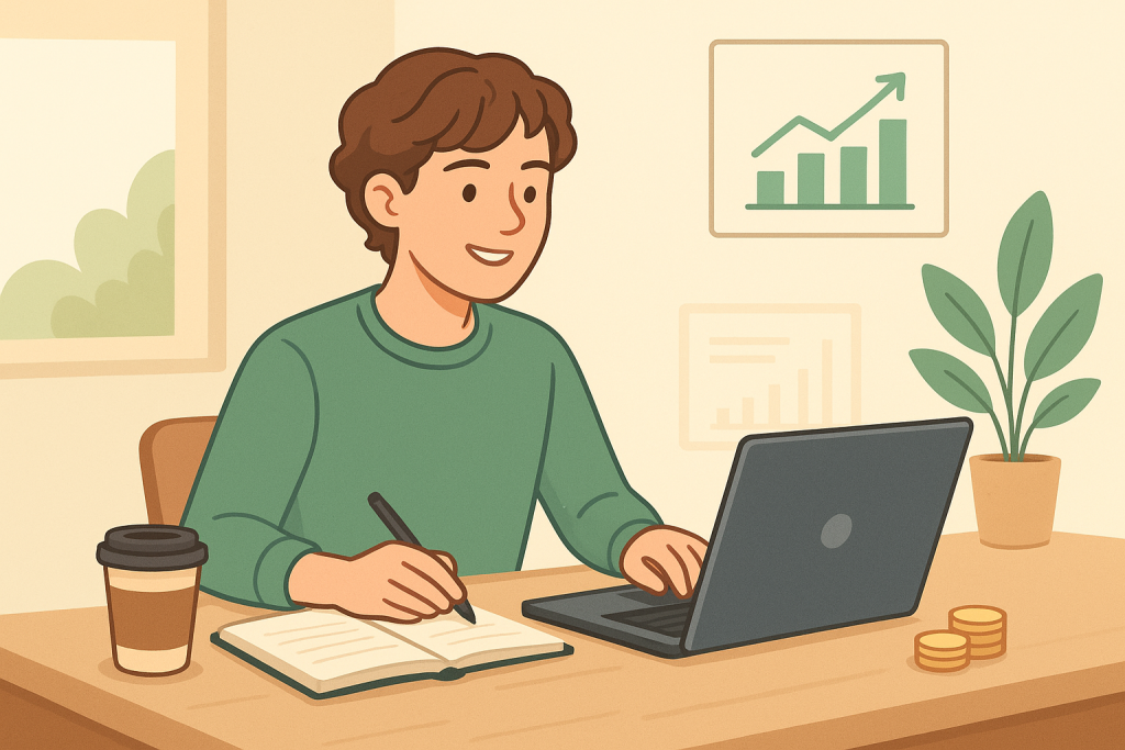A happy young boy sitting at a desk, working on financial tasks with a laptop and papers.